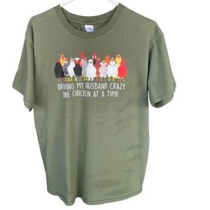 Funny Shirt Womens Large Green Chicken 4H FFA‎ Novelty Short Sleeve